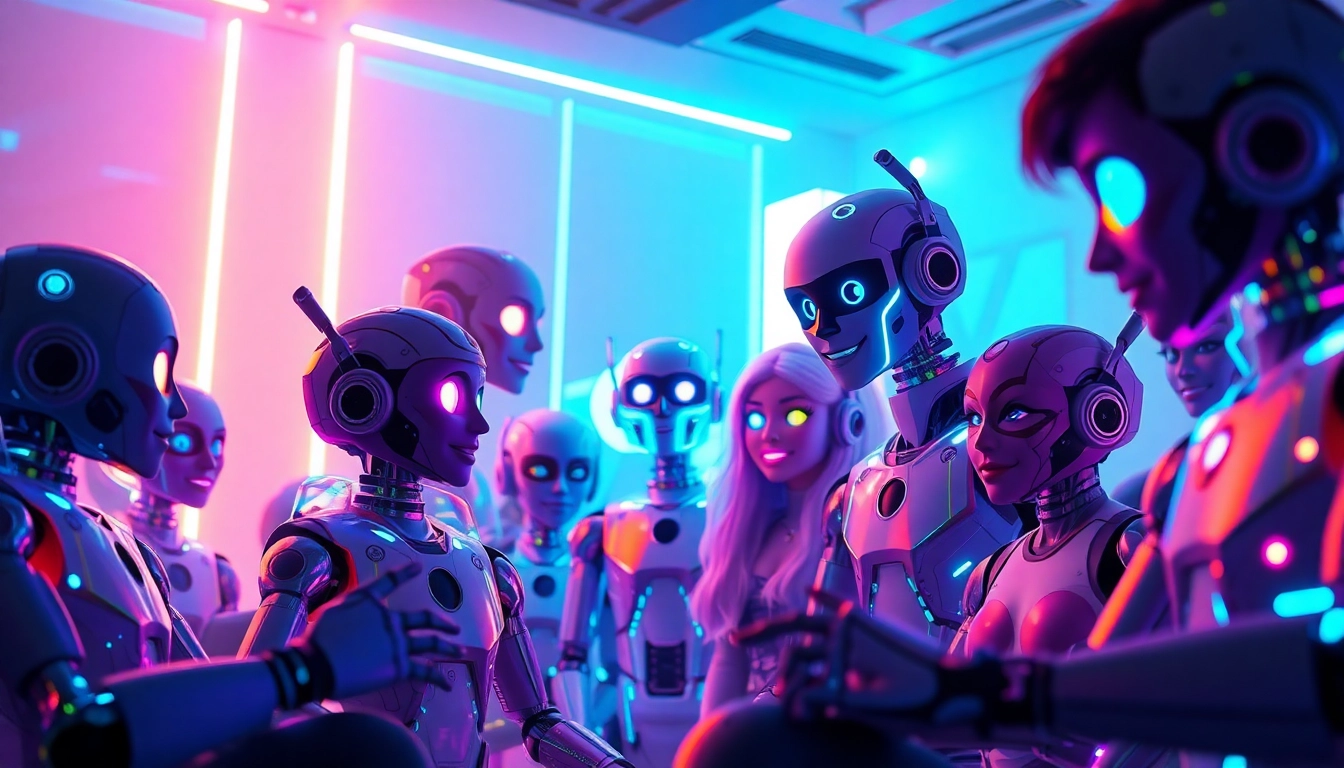 Explore the best nsfw ai chatbots interacting in a vibrant futuristic scene.