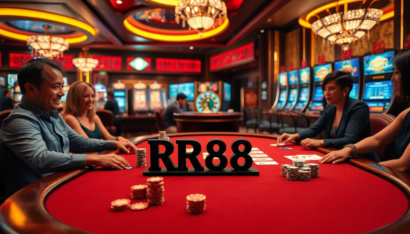 Gamblers enjoying a high-stakes game at RR88's luxurious casino table.