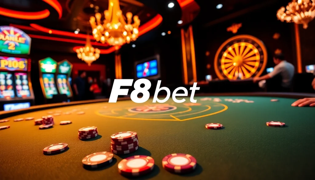 Engaging poker players and vibrant casino visuals featuring F8bet logo and exciting gaming atmosphere.