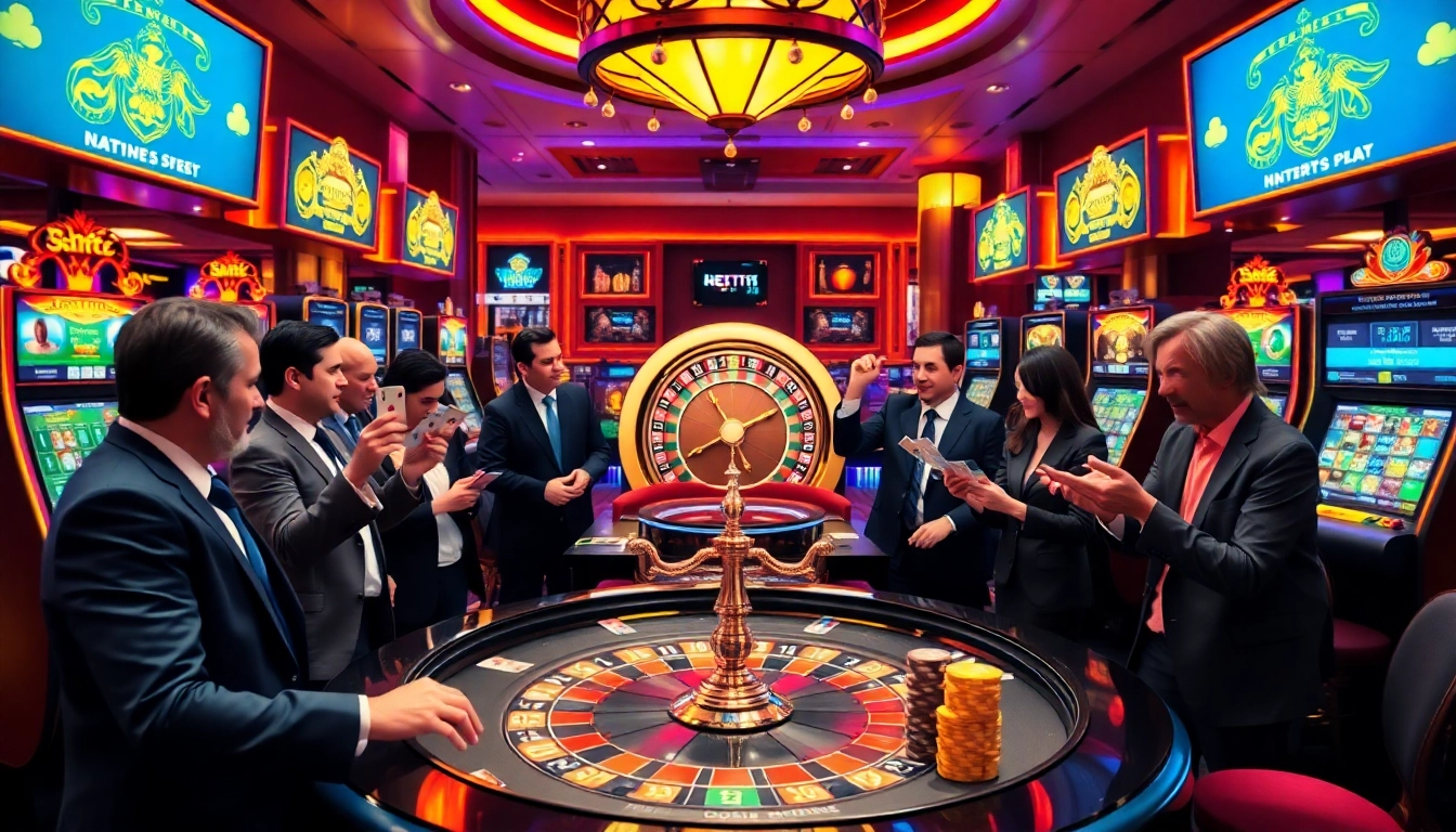 Adegan kasino yang menarik menampilkan pemain di meja dengan opsi situs deposit 5k yang ditonjolkan.