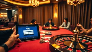 Experience sbobet login excitement at a lavish casino table with vibrant poker and roulette action.