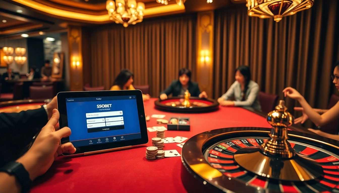 Experience sbobet login excitement at a lavish casino table with vibrant poker and roulette action.