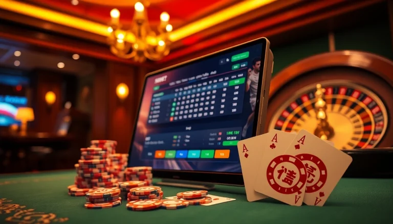 Sbobet betting on a sleek online interface amidst vibrant casino elements.