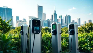 EV charger solution prominently displayed at a bustling urban charging station.