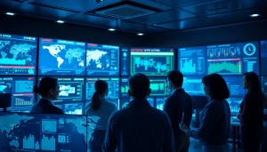 Cybersecurity AI professionals analyzing data in a modern operations center with advanced technology.