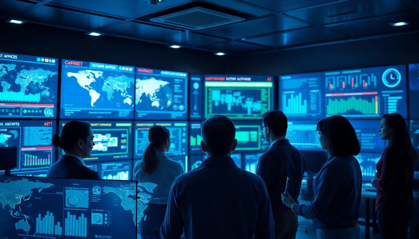 Cybersecurity AI professionals analyzing data in a modern operations center with advanced technology.