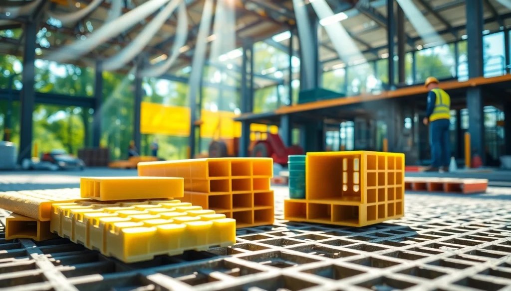 Showcasing GRP Grating Supplier products in a bright construction setting with vibrant colors.