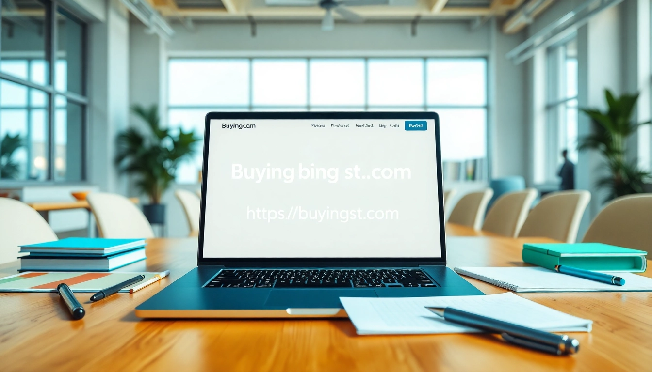 Engaging workspace showcasing https://buyingst.com on a laptop amidst modern office elements.