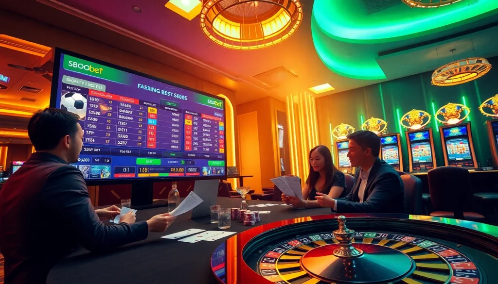 SBOBet betting scene showcasing live sports action and enthusiastic players in a luxurious casino setting.