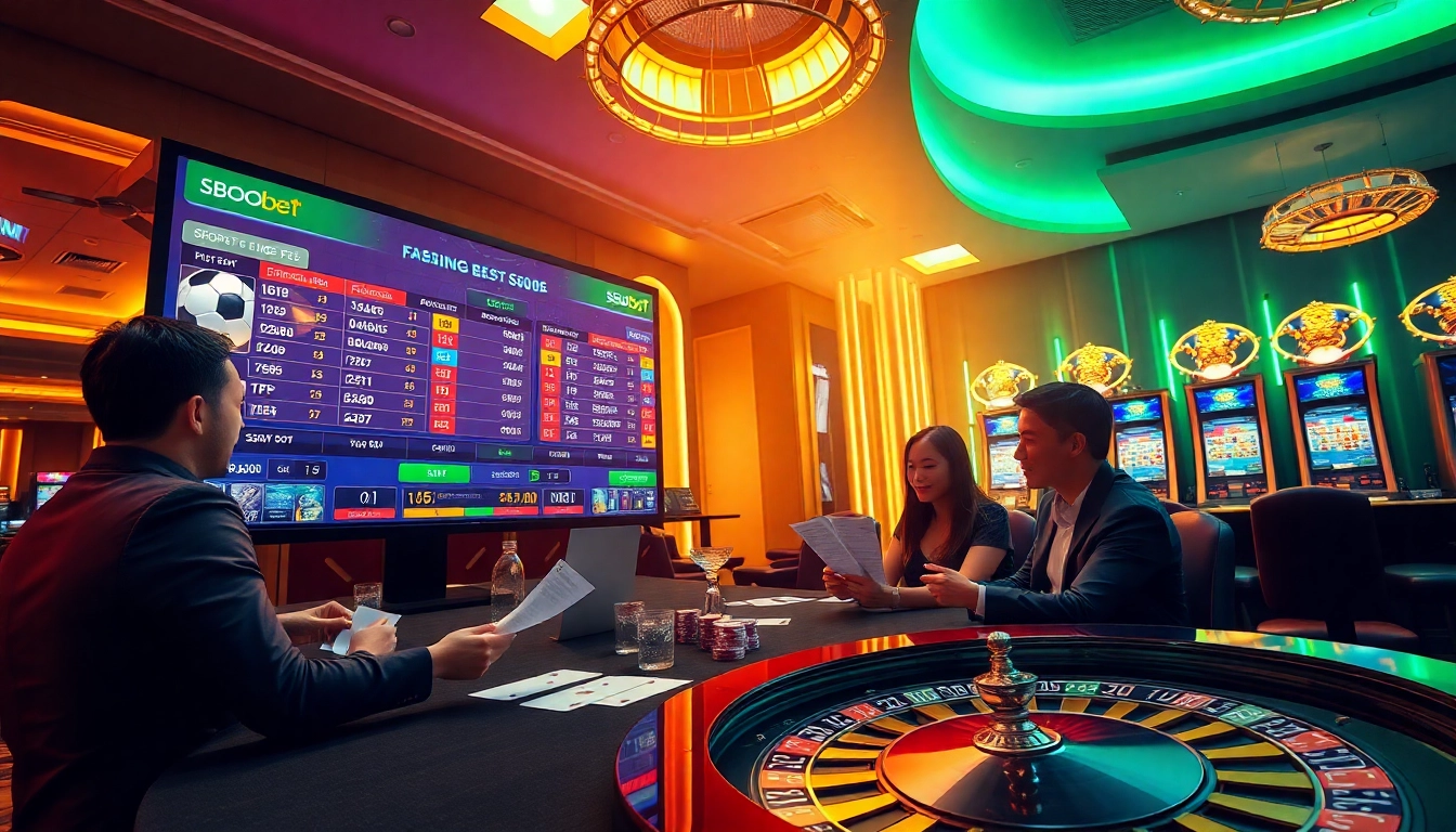 SBOBet betting scene showcasing live sports action and enthusiastic players in a luxurious casino setting.