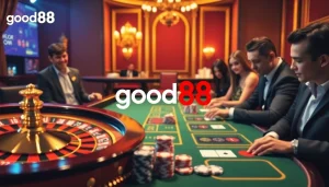 Experience the thrill of gambling at good88 with engaging casino visuals featuring roulette and poker gameplay.