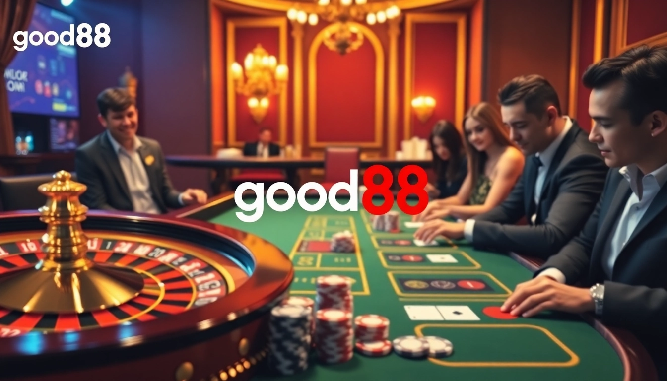 Experience the thrill of gambling at good88 with engaging casino visuals featuring roulette and poker gameplay.