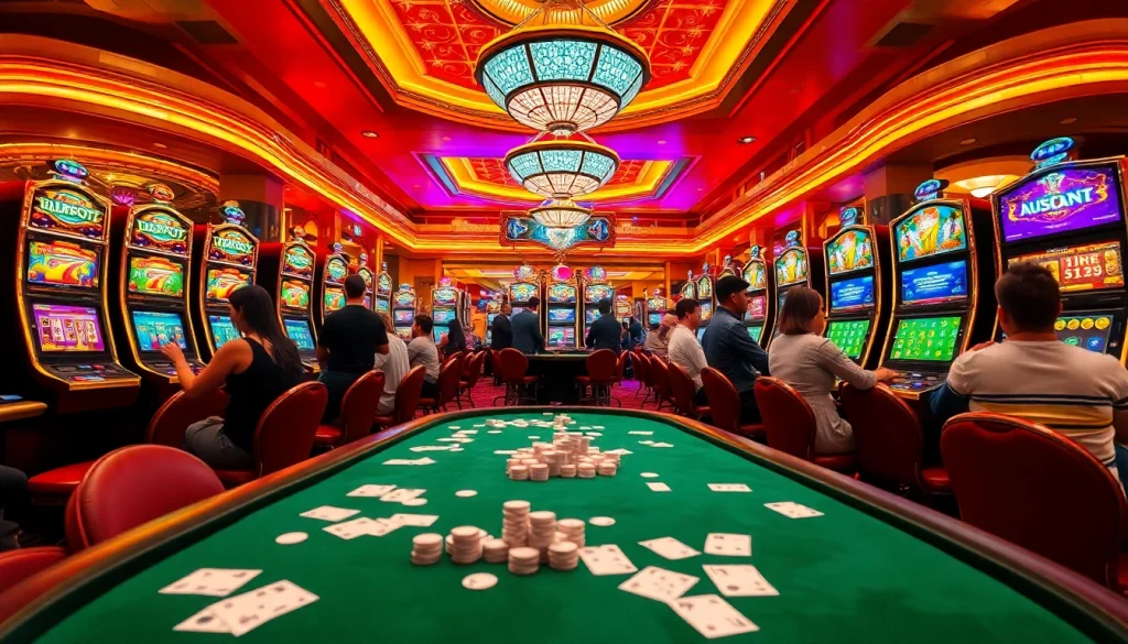 Para pemain menikmati sensasi slot depo pulsa di mesin slot kasino berwarna-warni.