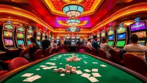 Para pemain menikmati sensasi slot depo pulsa di mesin slot kasino berwarna-warni.