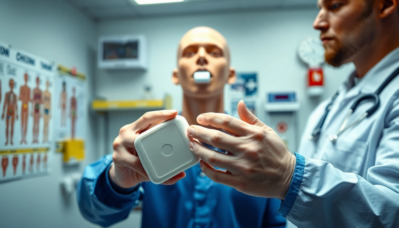 Medical technician using a choking device on a training mannequin in a clinical environment.