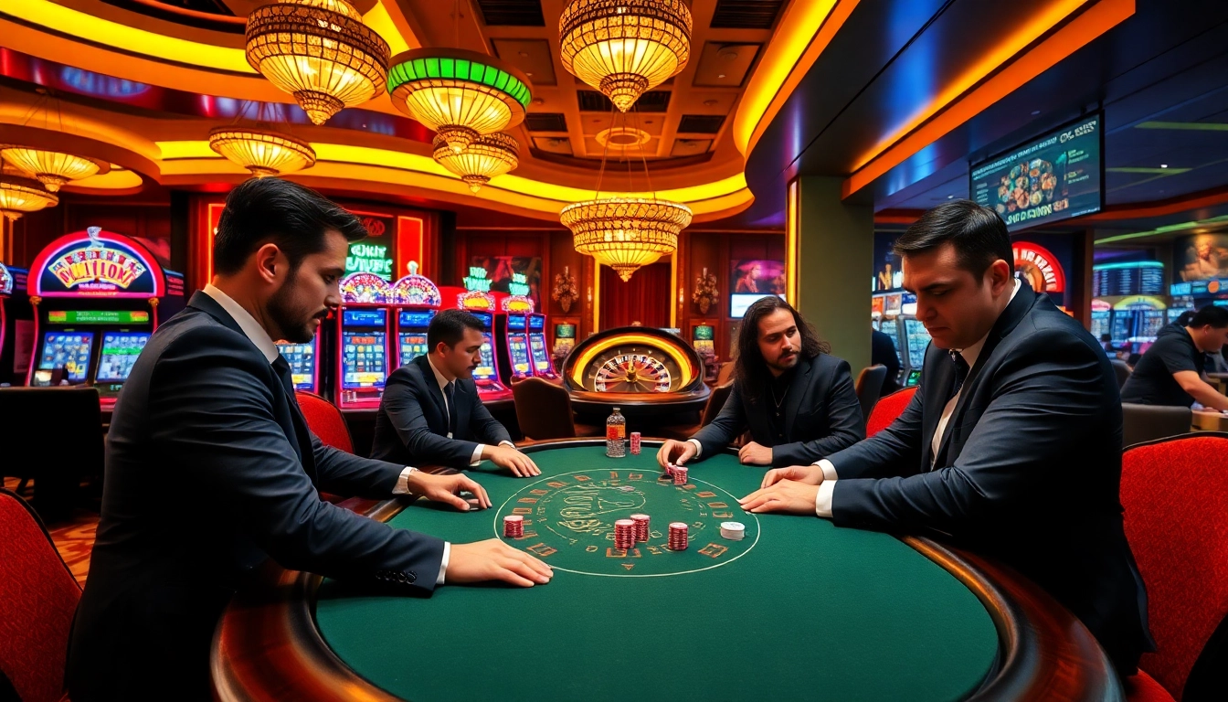 Exciting poker action at QQ88 casino with professional players and vibrant slot machines.