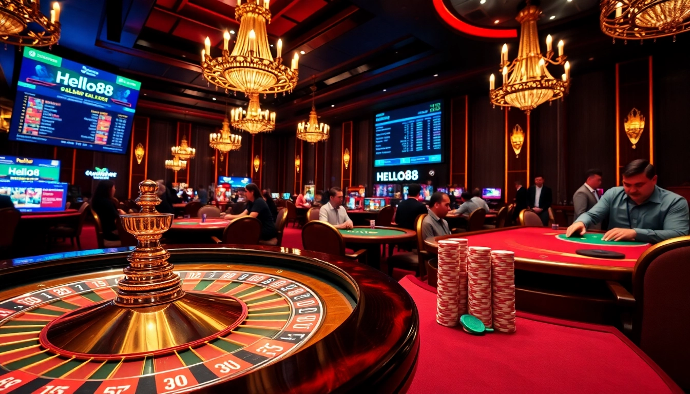 Hello88 casino players enjoying vibrant games at a luxurious roulette table.