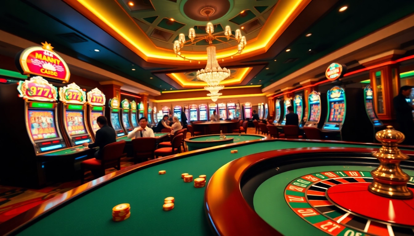 Engaging gameplay at MM88 casino with vibrant slot machines and elegant tables.