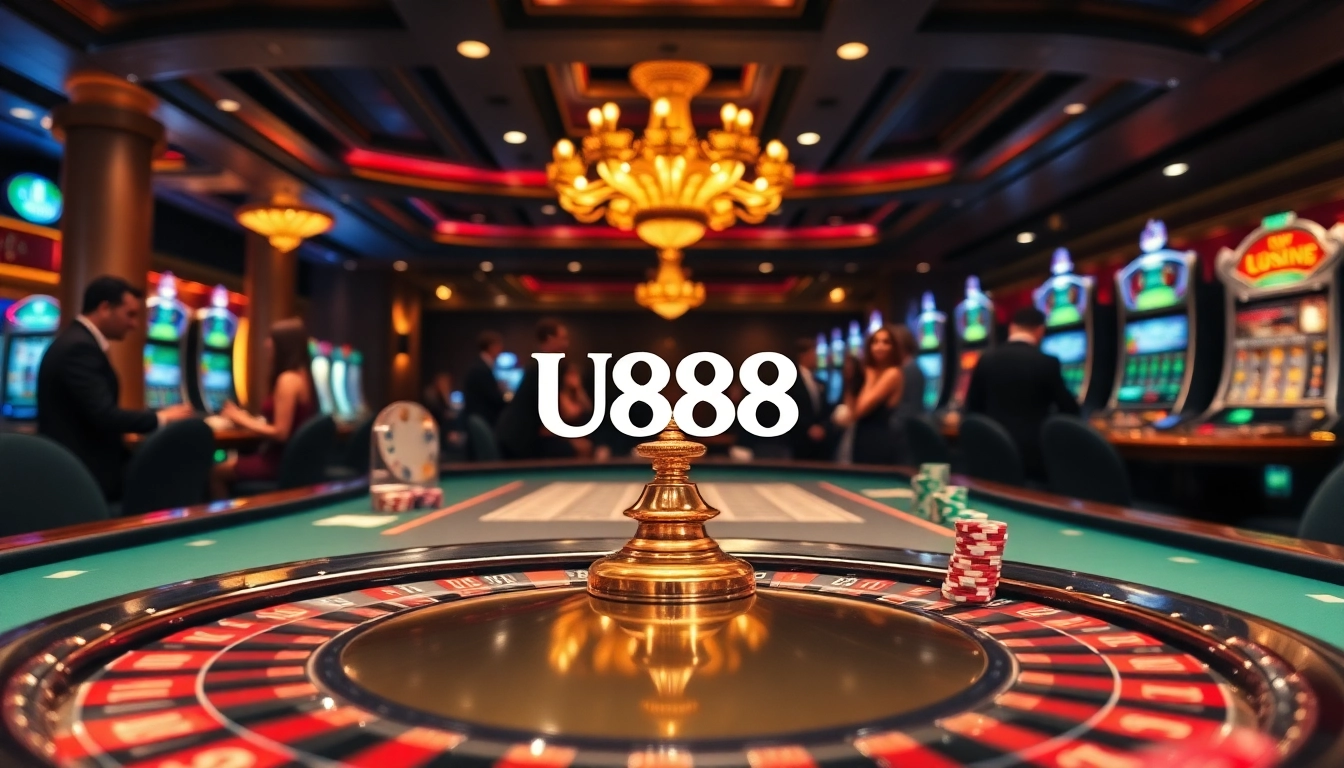U888 gaming scene with dealers, poker chips, and roulette wheels in a luxurious casino.