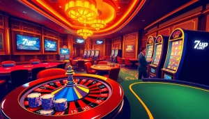 Experience the excitement of 7upbet login amidst a vibrant casino scene filled with poker chips and slot machines.
