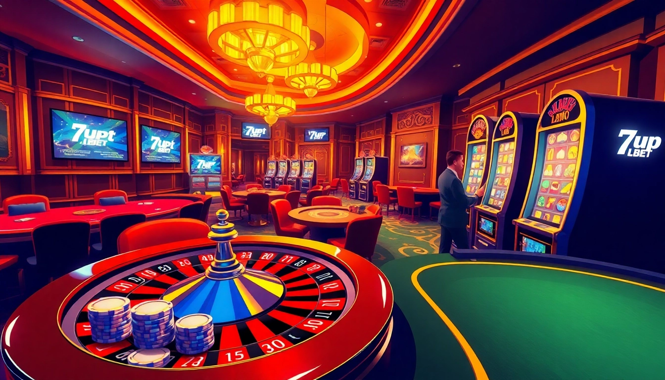 Experience the excitement of 7upbet login amidst a vibrant casino scene filled with poker chips and slot machines.