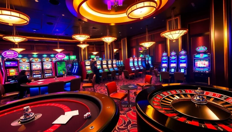 Play exciting games at BK8's vibrant casino, showcasing slots and blackjack tables.