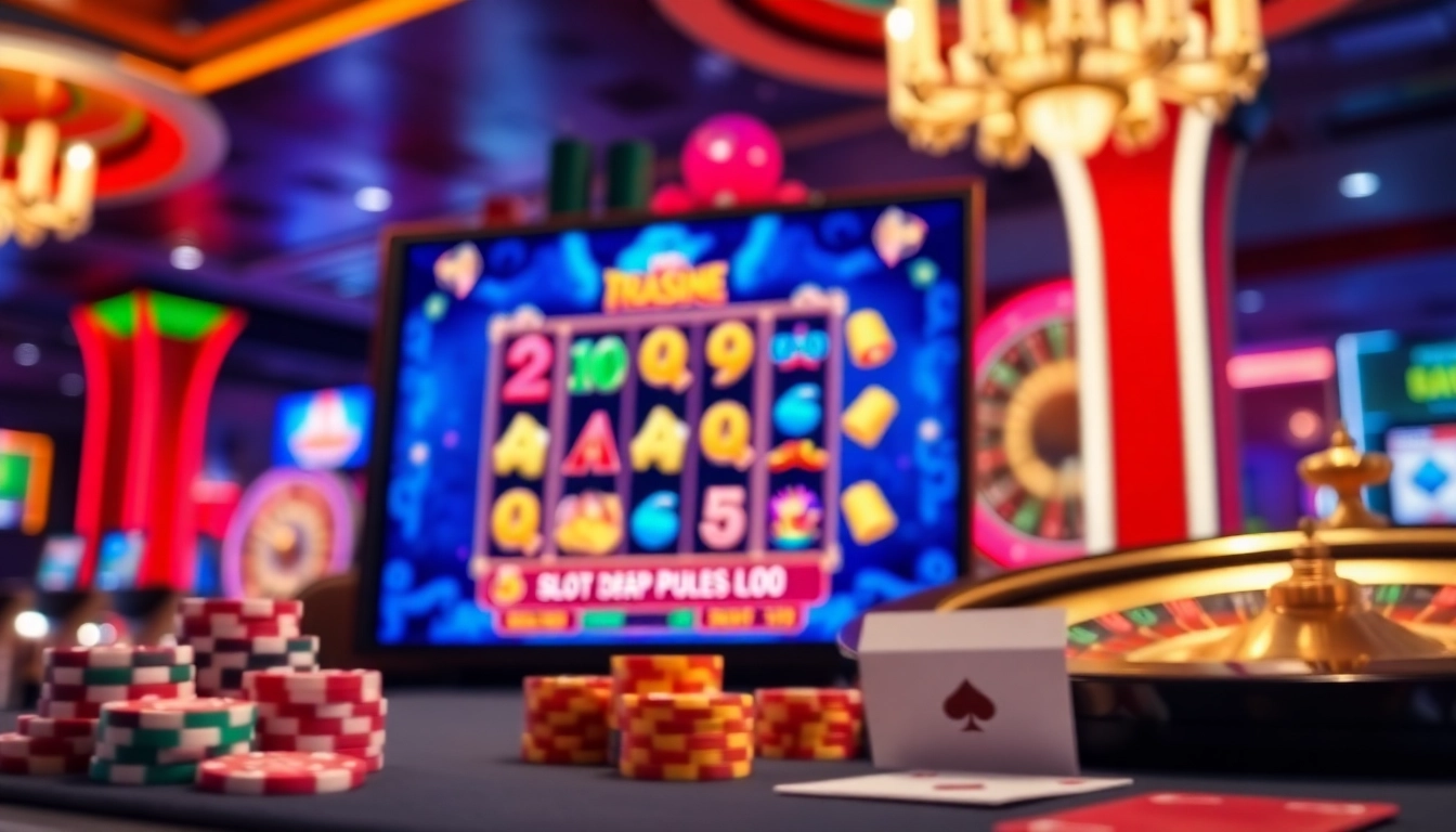 Layar menawan menampilkan gameplay slot depo pulsa dengan elemen kasino yang penuh warna.