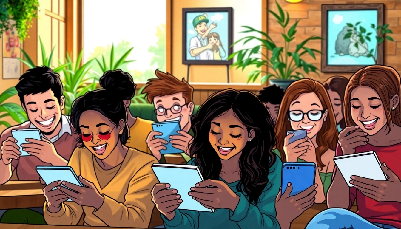 무료웹툰을 즐기는 사람들이 감정이 담긴 표정으로 독서를 하고 있는 모습입니다.