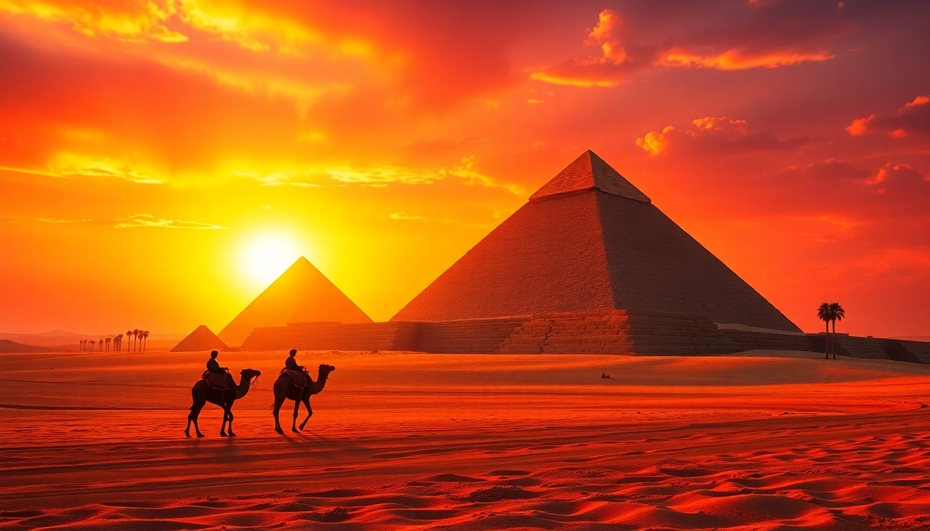 View of pyraminds at sunset with a camel caravan traversing the desert.