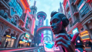 ai nsfw character interacting with futuristic holograms in vibrant city