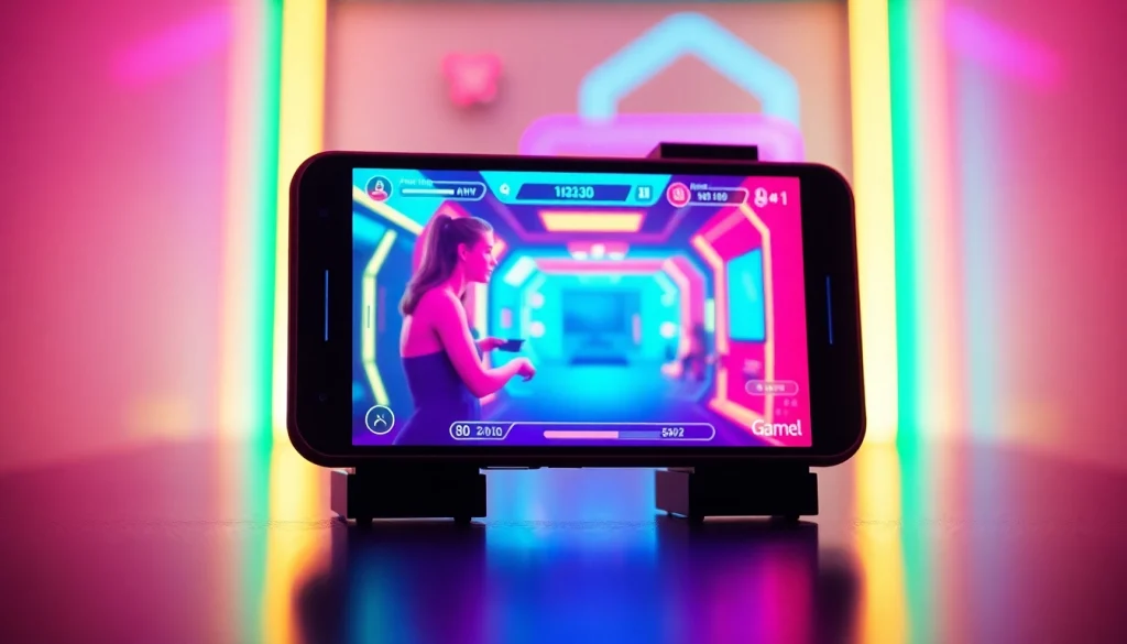 Dynamic smartphone displaying a mobile porn game, surrounded by vibrant colors and a futuristic aesthetic.