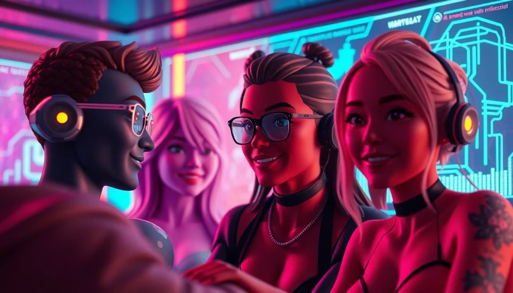 AI NSFW chatroom with custom avatars interacting in vibrant neon colors.