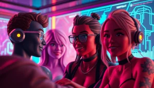 AI NSFW chatroom with custom avatars interacting in vibrant neon colors.