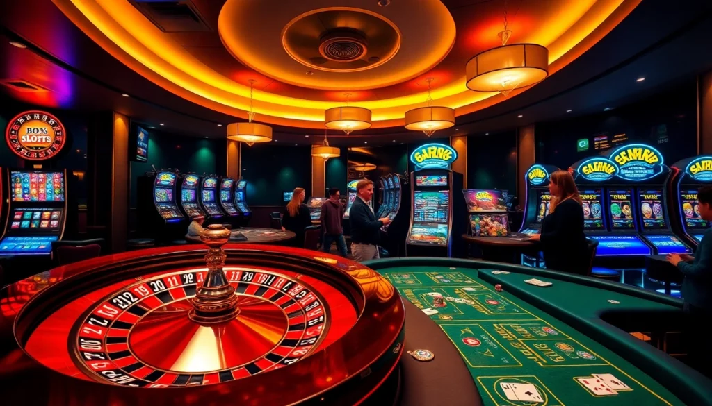 Play exciting games at onicplay with a sleek poker table and vibrant slot machines.