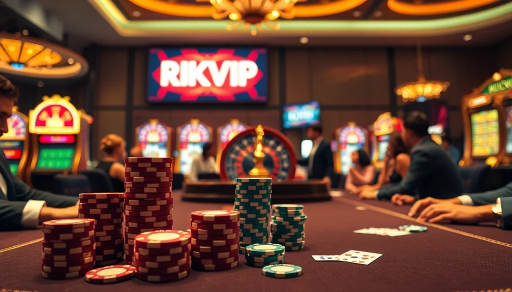 Engage in thrilling gaming at RIKVIP casino with vibrant tables, high stacks of poker chips, and a stunning roulette wheel.