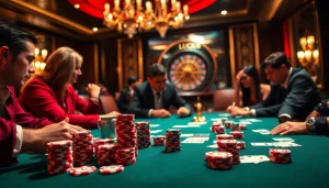 Những đồng chip mang thương hiệu LUCK8 tăng thêm sự phấn khích cho một ván poker cược cao tại một casino sang trọng.