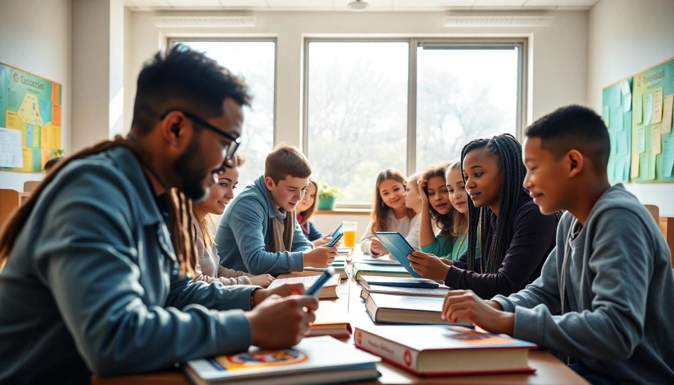 Education-focused classroom scene with diverse students collaborating on innovative projects and learning tools.