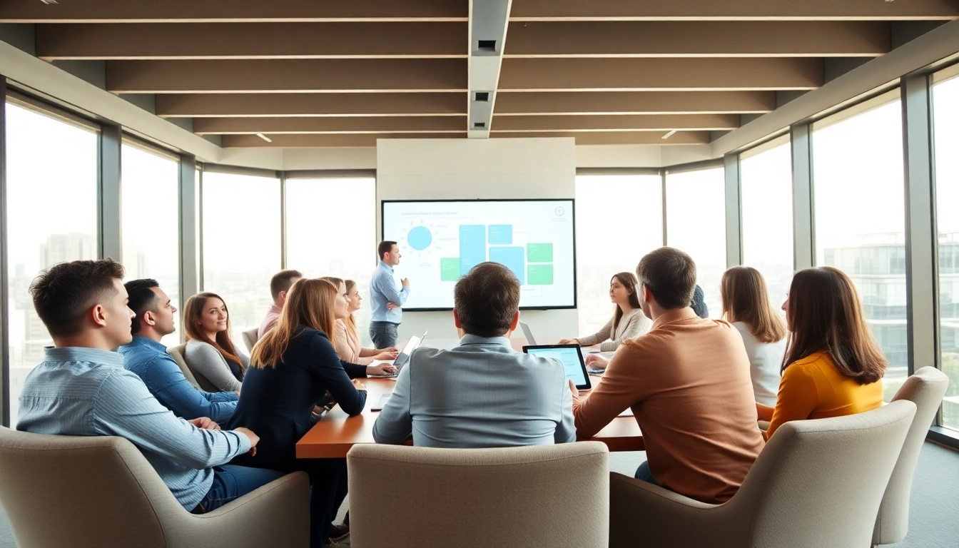 Engaged team discussing Strategy Capture Management in a modern conference room.
