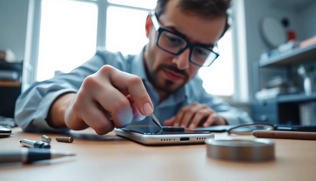 Skilled technician conducting screen repair on a smartphone with precision and care.