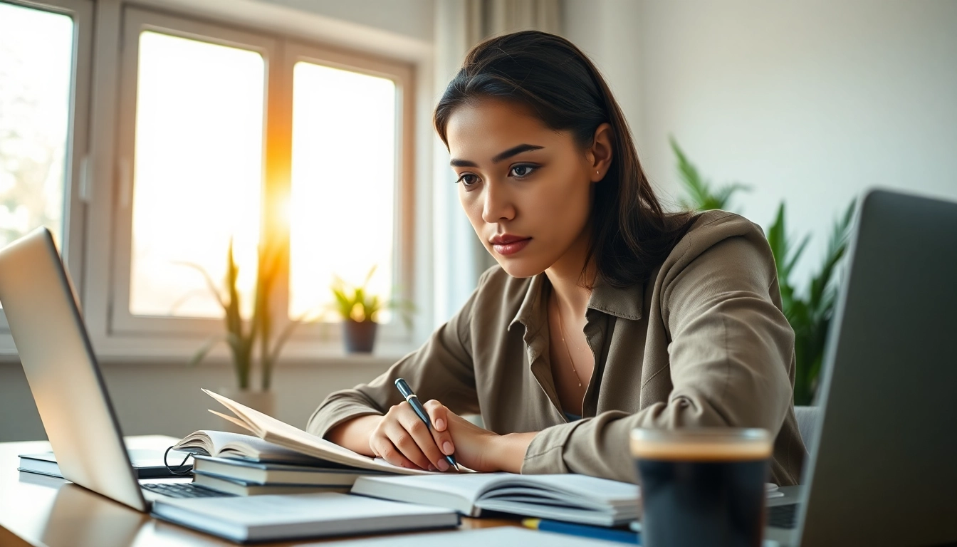 Engaged student using remote exam help in a cozy home office filled with study materials.