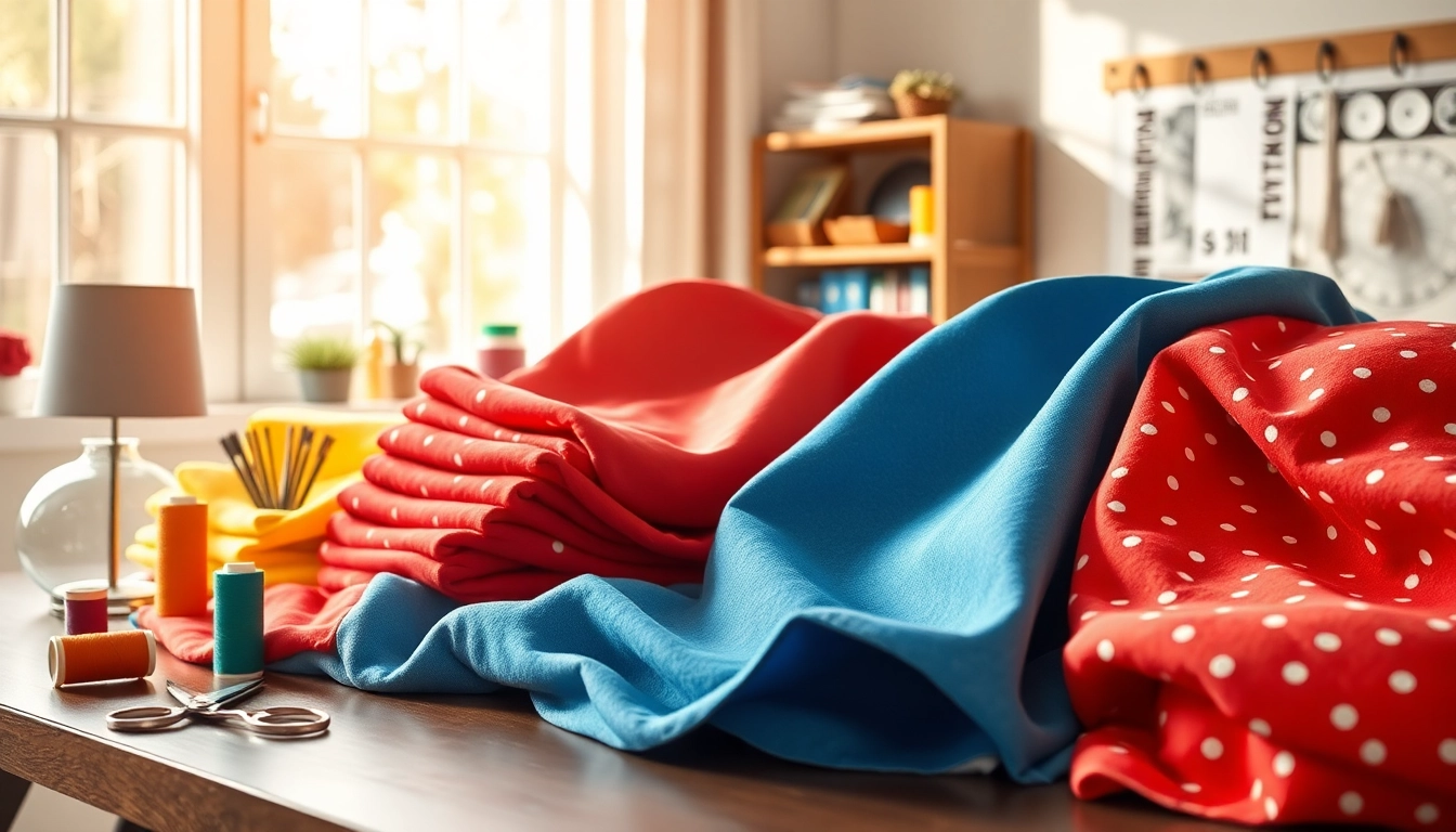 Dames stoffen online: Kleurige stoffen en naaigerei op een stijlvolle tafel.