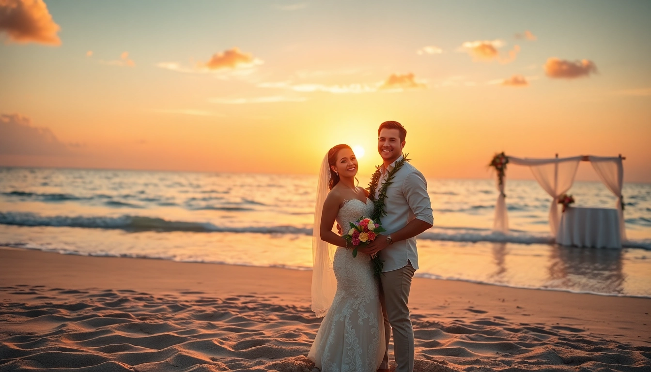 Destination photographer capturing a romantic sunset beach wedding with a couple surrounded by flowers.