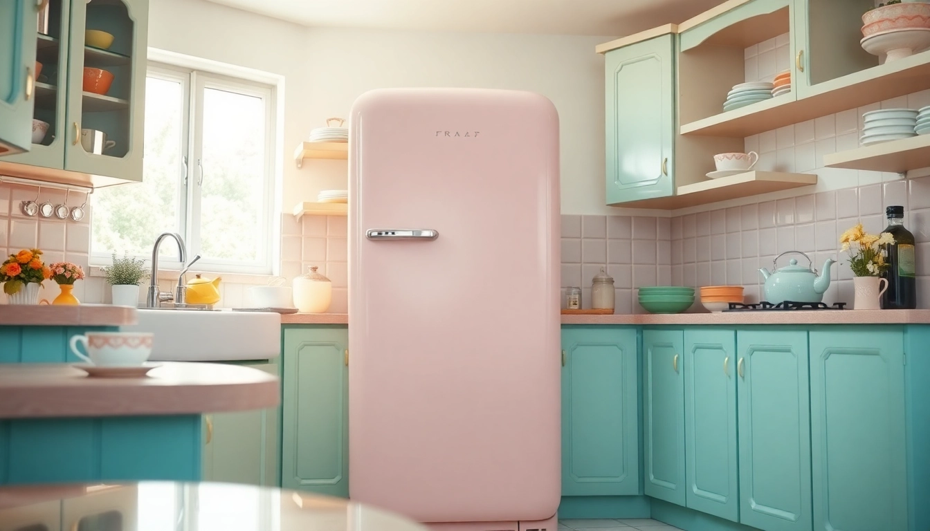 Admire this retro appliance refrigerator in a colorful vintage kitchen scene.