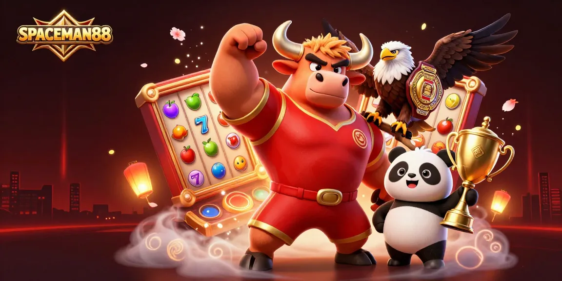 SPACEMAN88 showcases a winning celebration with characters surrounded by colorful slot symbols and festive elements.
